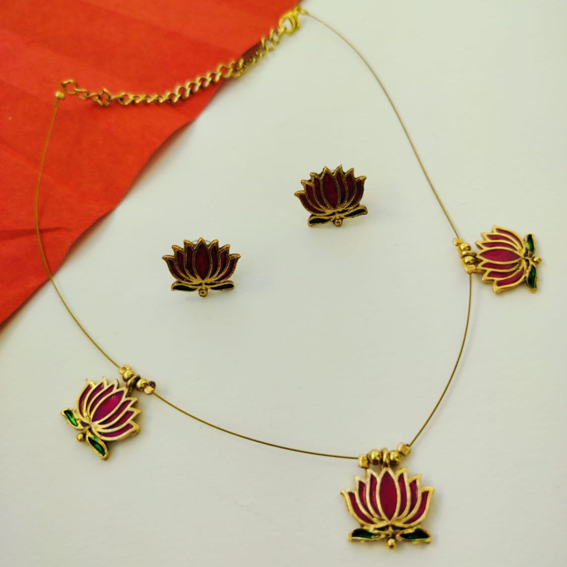 Lotus enameled Invisible Necklace set