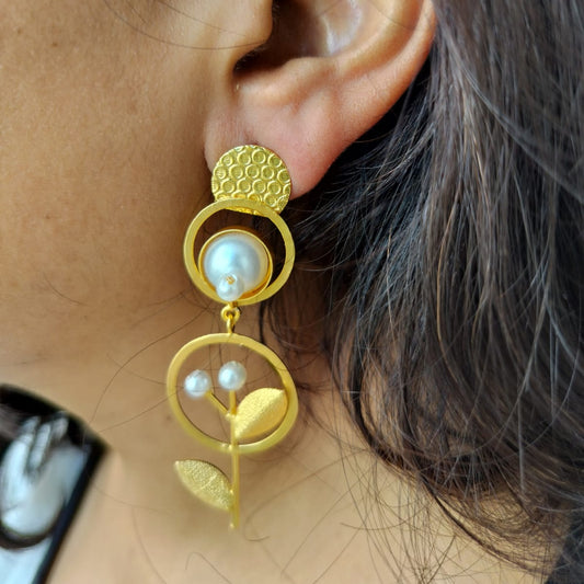 Long Pearl Brass Earrings