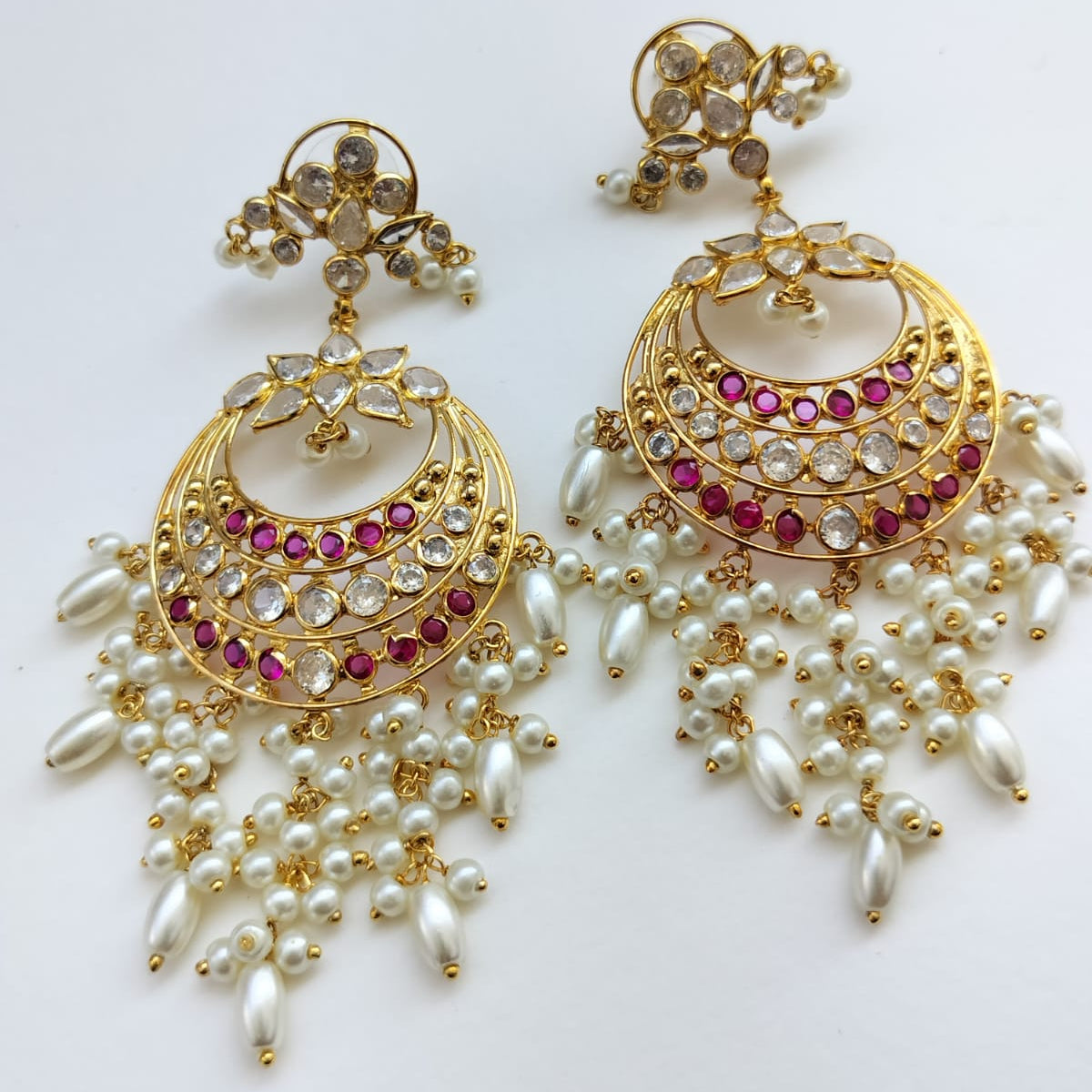 Gold-Plated Kundan & Ruby Chandbali Earrings with Pearl Drops