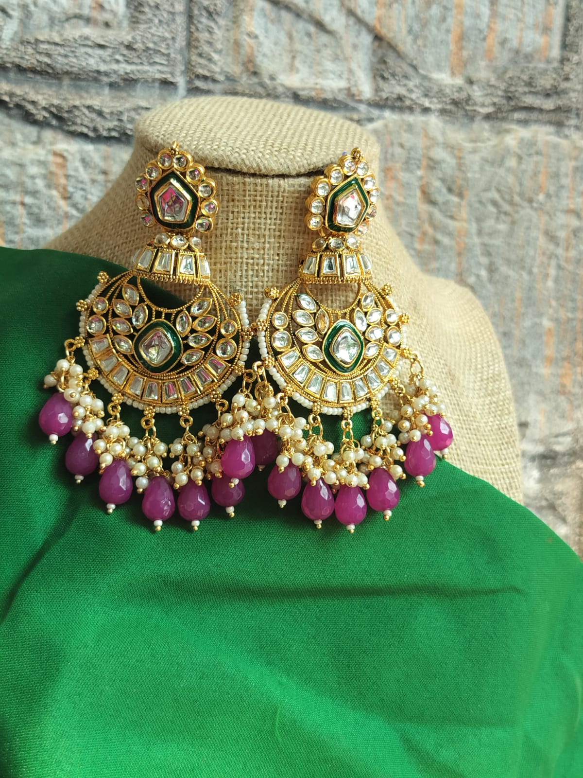 Kundan Pearl Earrings (Green & Purple)