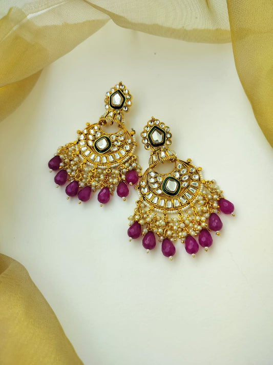 Kundan Pearl Earrings (Green & Purple)