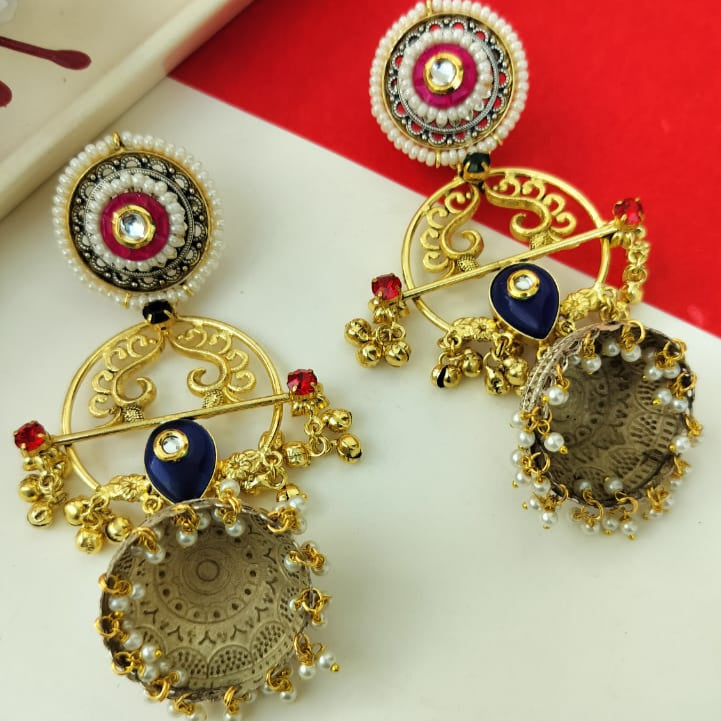 Nihira Gold Plated Dual tone earrings (Red and blue)