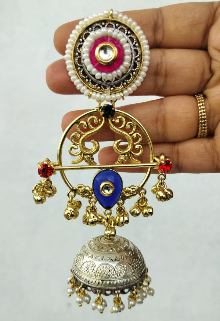 Nihira Gold Plated Dual tone earrings (Red and blue)