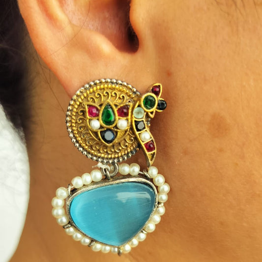Aasmani Mor Pachi Kundan Fusion Earrings