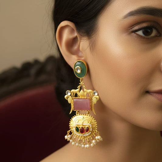 Regal Kundan Pearl Drop Earrings – Antique Gold Finish