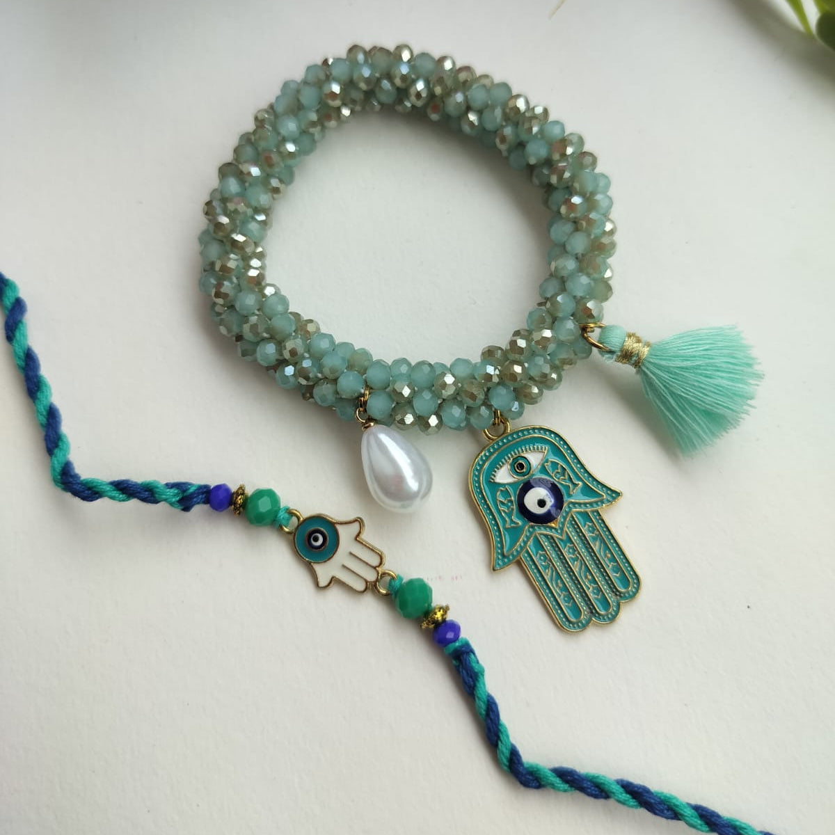 Hamsa Charm Bracelet and Rakhi for  Brother & Bhabhi - Couple Rakhi Combo